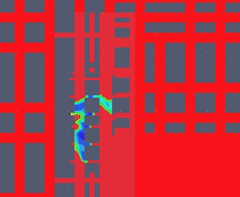 Close-up CFD visibility contour plot at an escape route junction between racking aisles