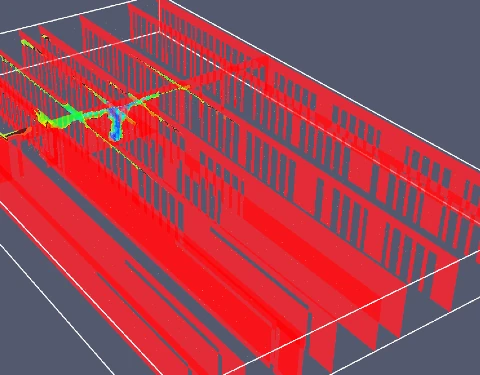 CFD visibility contour plot in plan, showing reduced-visibility zones along an escape route between racking
