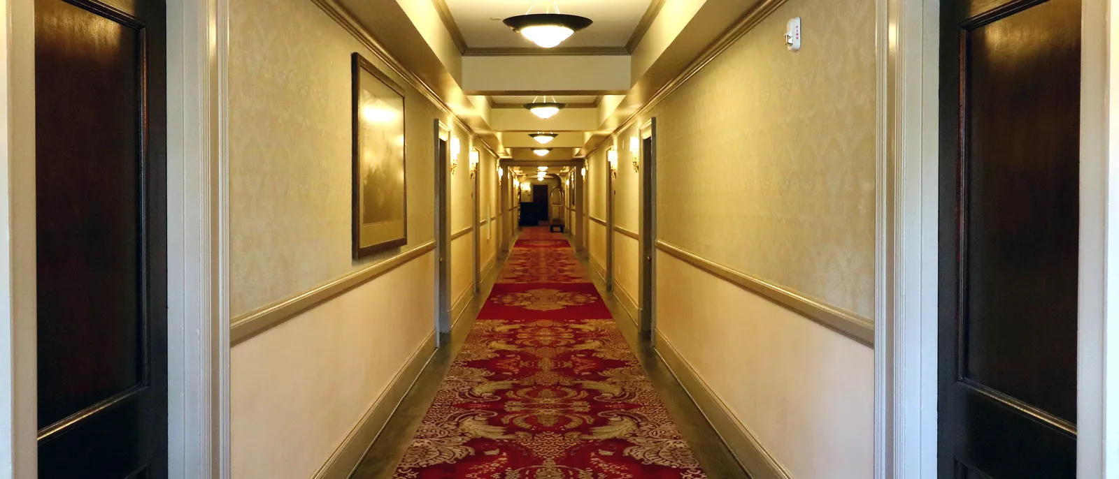An ornate hotel corridor with patterned carpet and a wall-mounted fire alarm call point