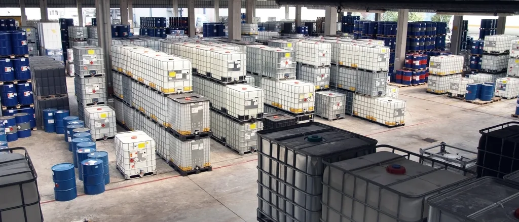 Rows of palletised intermediate bulk containers and drums stored in an industrial warehouse hall